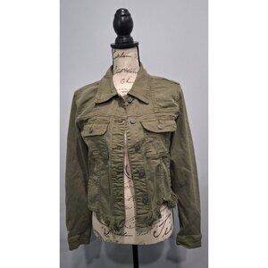 EUC Hidden Los Angeles Olive Green Distressed Cropped Denim Jacket With Raw Hem/